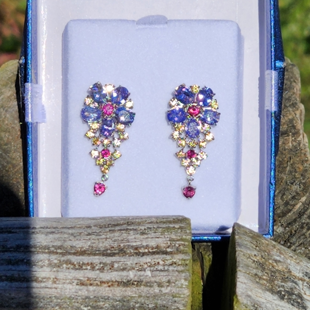 Genuine Tanzanite, Rhodolite Garnet and Sapphire Earrings